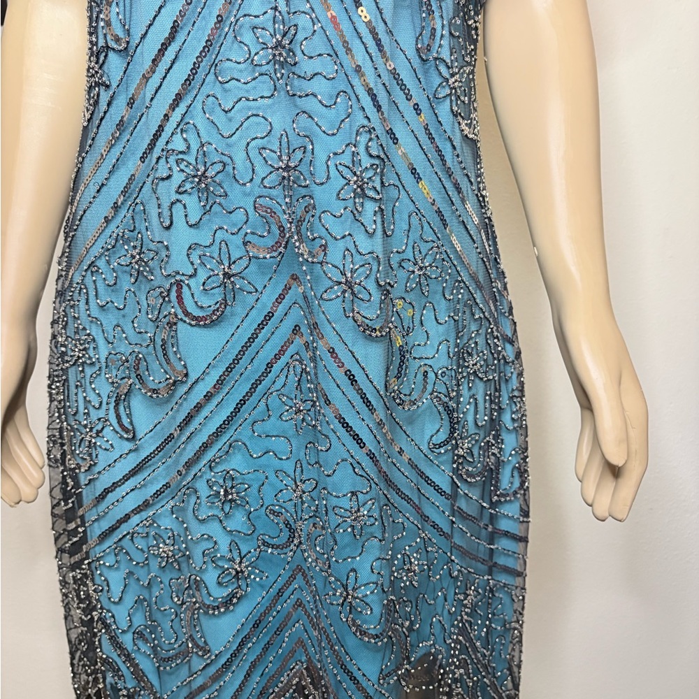Teal & Black Sequin Embellished Fringed Flapper Gatsby Dress Size 3XL - Picture 6 of 8